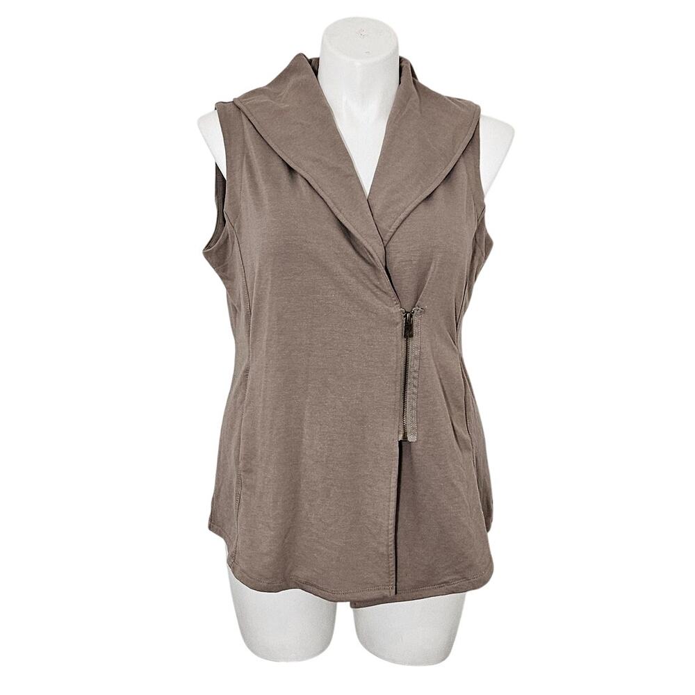 Lisa Rinna Collection Knit Vest Asymmetrical Zip Front tan sz L